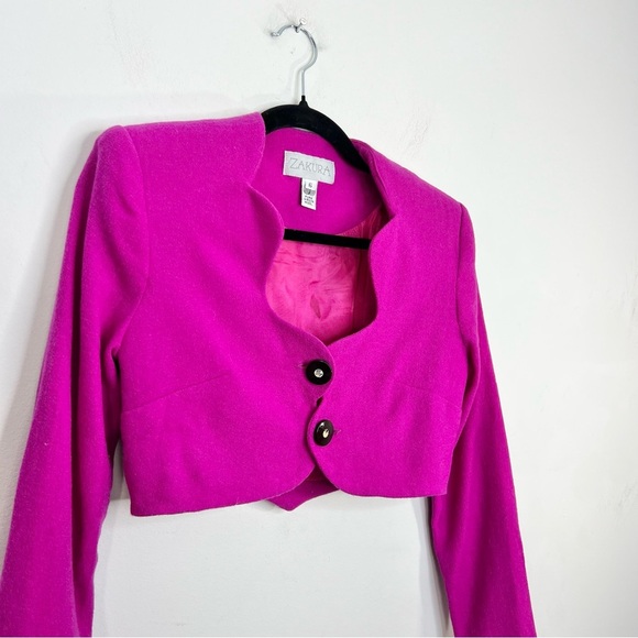 Vintage magenta pink 100% pure wool fitted cropped blazer bolero jacket 6 - Picture 7 of 14